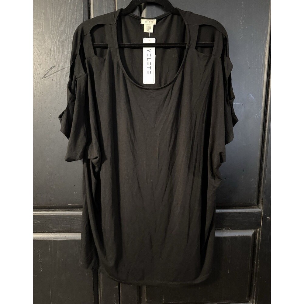 Yelete Black Solid Stretch Knit Scoop Neck Short Sleeve Pullover Top 3XL